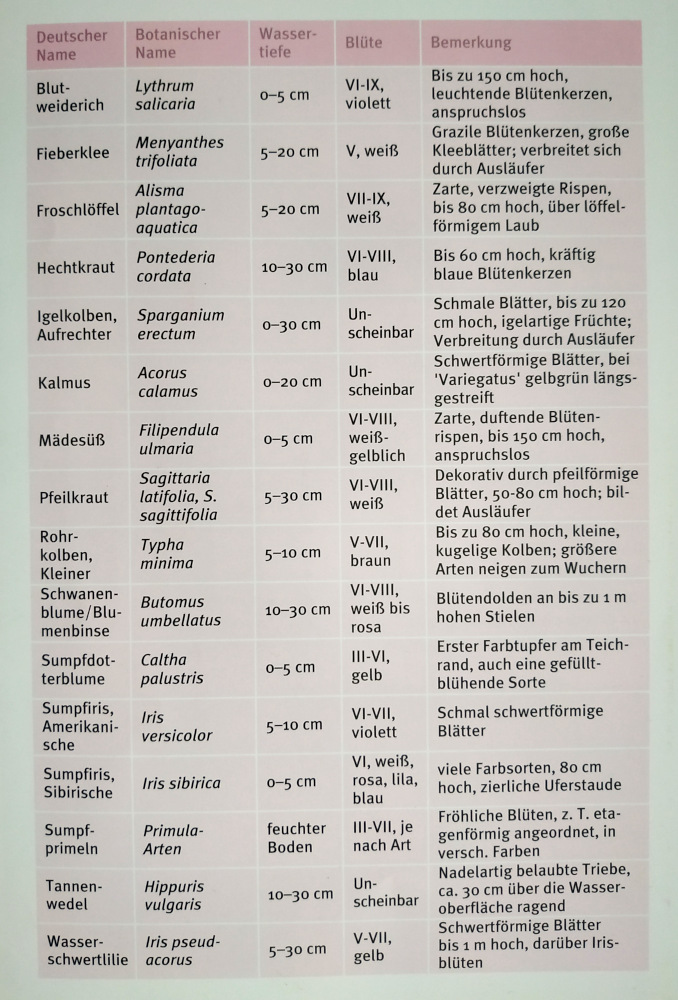 Teichrand Tabelle